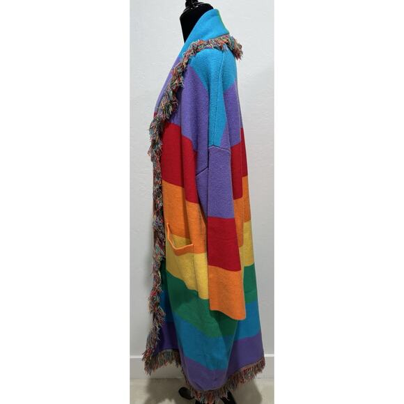 Dressed in LALA Luxe Fringe Blanket Cardigan in Chasing Rainbows Size S/M - Picture 7 of 9
